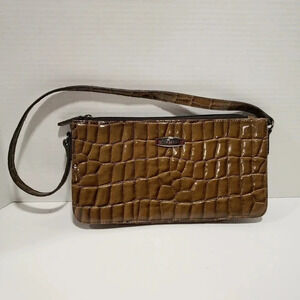 Apostrophe Faux Leather Brown Patent Embossed Croc Pattern Handbag.